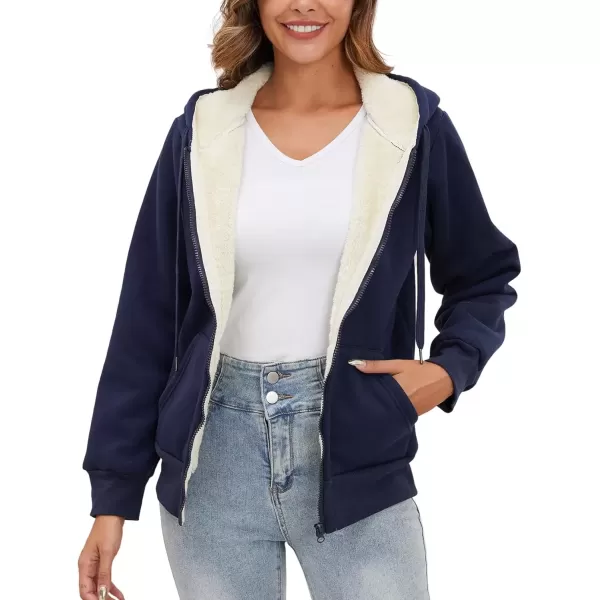 imageGihuo Womens Sherpa Lined Hooded Sweatshirt Zip Up Winter Warm Hoodie Comfy Hooded Fleece JacketNavy