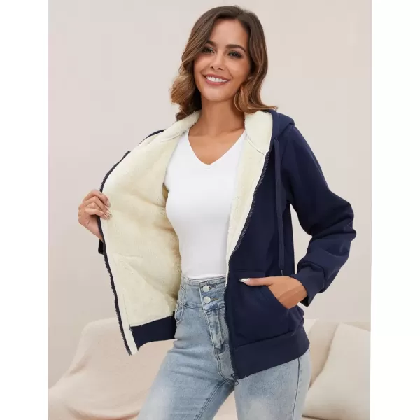 imageGihuo Womens Sherpa Lined Hooded Sweatshirt Zip Up Winter Warm Hoodie Comfy Hooded Fleece JacketNavy