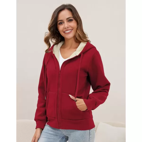imageGihuo Womens Sherpa Lined Hooded Sweatshirt Zip Up Winter Warm Hoodie Comfy Hooded Fleece JacketWine