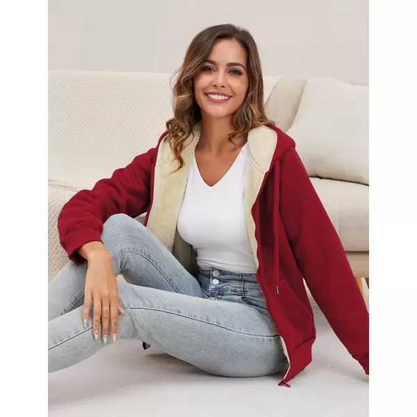 imageGihuo Womens Sherpa Lined Hooded Sweatshirt Zip Up Winter Warm Hoodie Comfy Hooded Fleece JacketWine