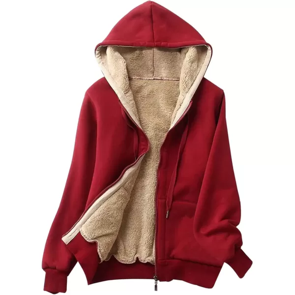 imageGihuo Womens Sherpa Lined Hooded Sweatshirt Zip Up Winter Warm Hoodie Comfy Hooded Fleece JacketWine