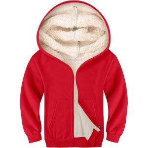 imageGihuo Unisex Boys Girls Winter Warm Sherpa Lined Zip Up Sweatshirt Fleece Jacket Kids Hoodie OuterwearRed