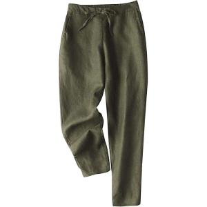 imageGihuo Womens Tapered Linen Pants Casual Straight Leg Drawstring Elastic Waist Loose Comfy Joggers Trousers with PocketsArmy