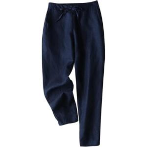 imageGihuo Womens Tapered Linen Pants Casual Straight Leg Drawstring Elastic Waist Loose Comfy Joggers Trousers with PocketsBlack