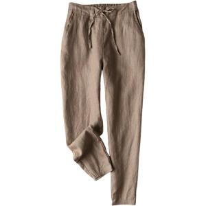 imageGihuo Womens Tapered Linen Pants Casual Straight Leg Drawstring Elastic Waist Loose Comfy Joggers Trousers with PocketsDark Khaki
