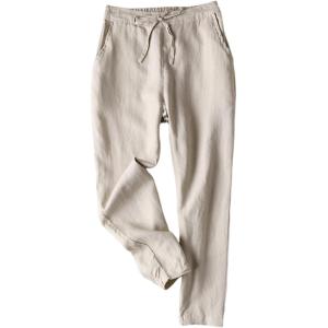 imageGihuo Womens Tapered Linen Pants Casual Straight Leg Drawstring Elastic Waist Loose Comfy Joggers Trousers with PocketsLight Khaki