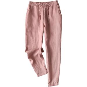 imageGihuo Womens Tapered Linen Pants Casual Straight Leg Drawstring Elastic Waist Loose Comfy Joggers Trousers with PocketsPink