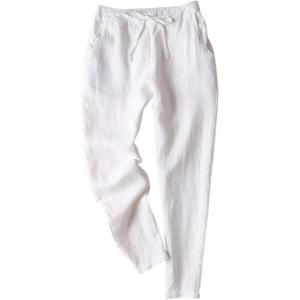 imageGihuo Womens Tapered Linen Pants Casual Straight Leg Drawstring Elastic Waist Loose Comfy Joggers Trousers with PocketsWhite