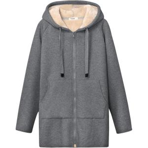 imageGihuo Womens Winter Coat Sherpa Lined Zip Hoodie Long Sweatshirt Warm Fleece Lining Heavyweight Hooded JacketDarkgrey