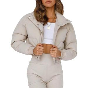 imageGihuo Women s Cropped Puffer Jacket Padded Long Sleeve Bubble Coats Winter Warm Puffy OuterwearBeige