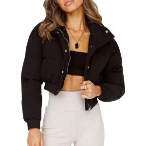 imageGihuo Women s Cropped Puffer Jacket Padded Long Sleeve Bubble Coats Winter Warm Puffy OuterwearBlack