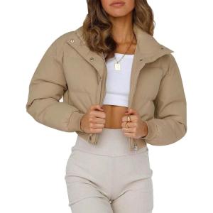 imageGihuo Women s Cropped Puffer Jacket Padded Long Sleeve Bubble Coats Winter Warm Puffy OuterwearKhaki
