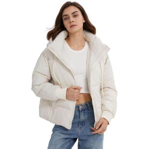 imageGihuo Womens Crop Hooded Puffer Jacket Zip Up Winter Quilted Warm Short Jacket OuterwearBeige