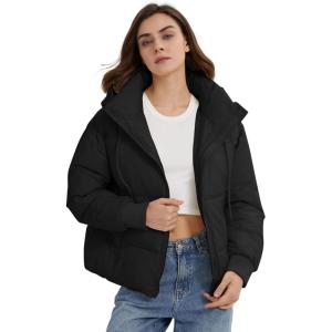 imageGihuo Womens Crop Hooded Puffer Jacket Zip Up Winter Quilted Warm Short Jacket OuterwearBlack