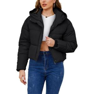 imageGihuo Womens Cropped Puffer Jacket Zip Up Hooded Quilted Jackets Winter Short Padded Coat OuterwearBlack