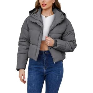 imageGihuo Womens Cropped Puffer Jacket Zip Up Hooded Quilted Jackets Winter Short Padded Coat OuterwearDarkgrey