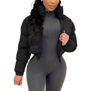 imageGihuo Womens Cropped Puffer Jacket Zip Up Winter Short Quilted Jackets Bubble CoatBlack