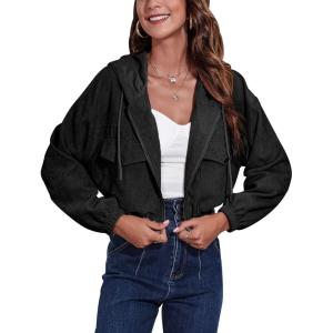 imageGihuo Womens Fashion Cropped Shacket Button Down Corduroy Shacket Jackets Casual Plaid Long Sleeve Crop Jackets Tops02 Blackhooded