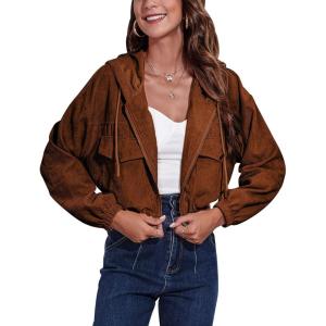 imageGihuo Womens Fashion Cropped Shacket Button Down Corduroy Shacket Jackets Casual Plaid Long Sleeve Crop Jackets Tops02 Brownhooded