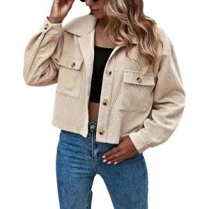 imageGihuo Womens Fashion Cropped Shacket Button Down Corduroy Shacket Jackets Casual Plaid Long Sleeve Crop Jackets TopsApricot
