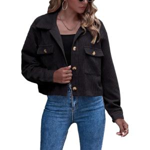 imageGihuo Womens Fashion Cropped Shacket Button Down Corduroy Shacket Jackets Casual Plaid Long Sleeve Crop Jackets TopsBlack