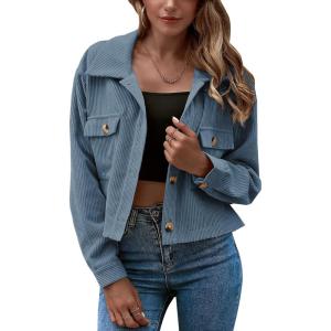 imageGihuo Womens Fashion Cropped Shacket Button Down Corduroy Shacket Jackets Casual Plaid Long Sleeve Crop Jackets TopsBlue