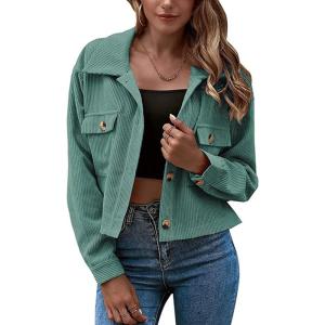 imageGihuo Womens Fashion Cropped Shacket Button Down Corduroy Shacket Jackets Casual Plaid Long Sleeve Crop Jackets TopsGreen