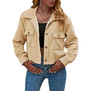 imageGihuo Womens Fashion Cropped Shacket Button Down Corduroy Shacket Jackets Casual Plaid Long Sleeve Crop Jackets TopsLightkhaki