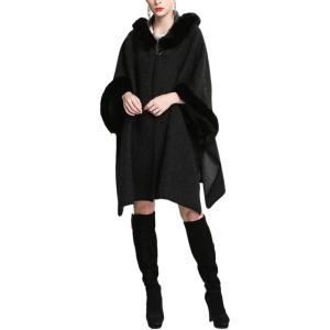 imageGihuo Womens Luxury Batwing Sleeve Faux Fur Hooded Cloak Poncho Sweater CapeBlack