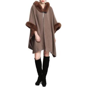 imageGihuo Womens Luxury Batwing Sleeve Faux Fur Hooded Cloak Poncho Sweater CapeCoffee