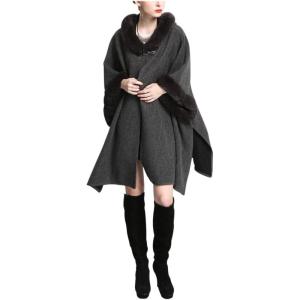 imageGihuo Womens Luxury Batwing Sleeve Faux Fur Hooded Cloak Poncho Sweater CapeGray