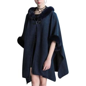 imageGihuo Womens Luxury Batwing Sleeve Faux Fur Hooded Cloak Poncho Sweater CapeNavy