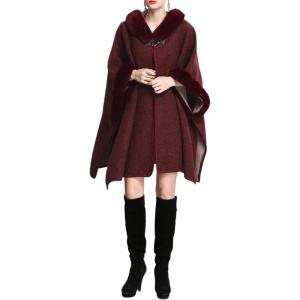 imageGihuo Womens Luxury Batwing Sleeve Faux Fur Hooded Cloak Poncho Sweater CapeWine