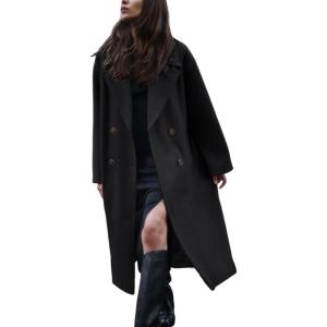 imageGihuo Womens Notched Collar Wool Blend Pea Coat Winter Double Breasted Trench Coat Long Oversized Button Down OvercoatsBlackS