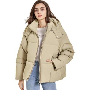 imageGihuo Womens Puffer Jacket Full Zip Quilted Hooded Bubble Coats Padded Jacket Long Sleeve Winter Warm Coat PocketKhaki