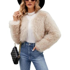 imageGihuo Womens Winter Cropped Faux Fur Coat Long Sleeve Open Front Cardigan Fleece Jackets Shaggy Parka OuterwearApricot