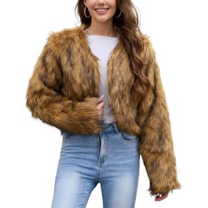 imageGihuo Womens Winter Cropped Faux Fur Coat Long Sleeve Open Front Cardigan Fleece Jackets Shaggy Parka OuterwearBrown