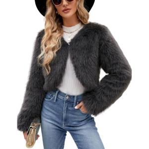 imageGihuo Womens Winter Cropped Faux Fur Coat Long Sleeve Open Front Cardigan Fleece Jackets Shaggy Parka OuterwearGrey