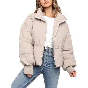 imageGihuo Womens Winter Cropped Puffer Jacket Coat Short Warm Quilted JacketBeige