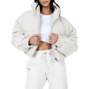 imageGihuo Womens Winter Puffer Jacket Cropped Lightweight Zip Up Padded Coat Oversized Stand Collar Short Quilted JacketsBeige
