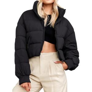 imageGihuo Womens Winter Puffer Jacket Cropped Lightweight Zip Up Padded Coat Oversized Stand Collar Short Quilted JacketsBlack