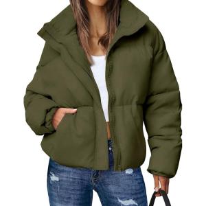 imageGihuo Womens Winter Warm Puffer Jacket Stand Collar Baggy Zip Up Short Quilted Jacket OuterwearArmygreen