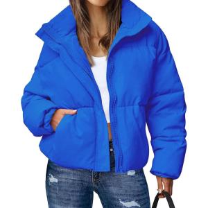 imageGihuo Womens Winter Warm Puffer Jacket Stand Collar Baggy Zip Up Short Quilted Jacket OuterwearBlue