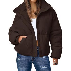 imageGihuo Womens Winter Warm Puffer Jacket Stand Collar Baggy Zip Up Short Quilted Jacket OuterwearBrown