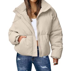 imageGihuo Womens Winter Warm Puffer Jacket Stand Collar Baggy Zip Up Short Quilted Jacket OuterwearKhaki