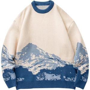 imageGihuo Mens Sweater Vintage Cow Printed Sweater Pullover Sweaters Crewneck Oversized Kawaii Sweater Knit Tops JumperBlue
