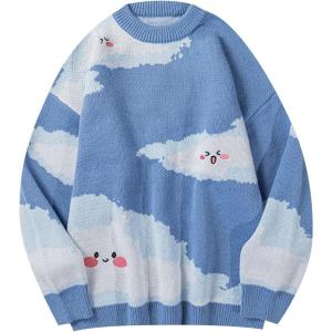 imageGihuo Mens Sweater Vintage Cow Printed Sweater Pullover Sweaters Crewneck Oversized Kawaii Sweater Knit Tops JumperDblue