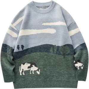 imageGihuo Mens Sweater Vintage Cow Printed Sweater Pullover Sweaters Crewneck Oversized Kawaii Sweater Knit Tops JumperGrey