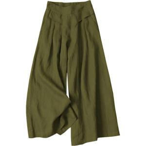 imageGihuo Women s Culottes Linen Blend Wide Leg Pants Elastic Waist Casual Palazzo Trousers with Pockets CaprisArmy