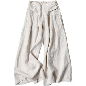 imageGihuo Women s Culottes Linen Blend Wide Leg Pants Elastic Waist Casual Palazzo Trousers with Pockets CaprisBeige
